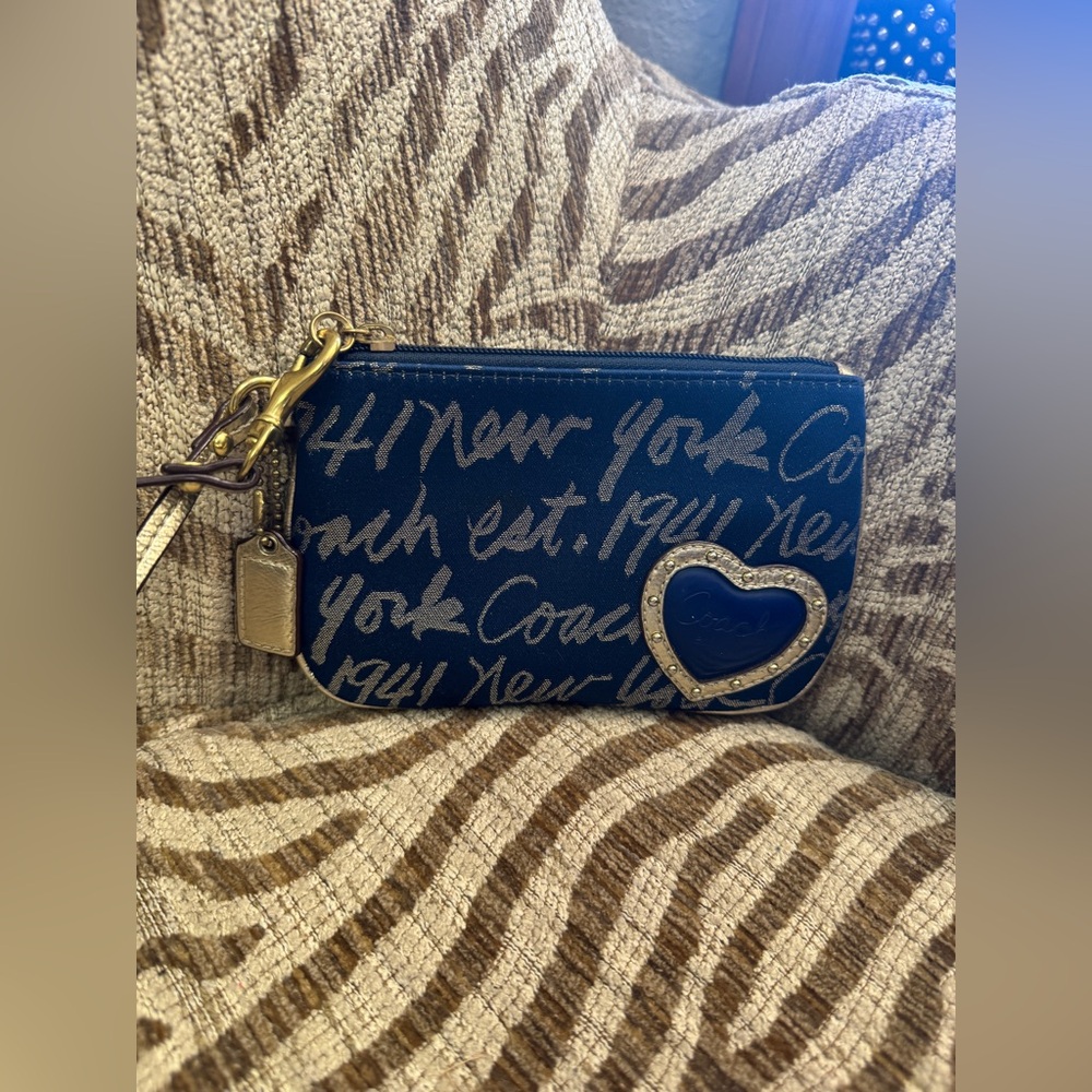Coach New York Script Navy Wristlet with Gold Heart Trim & Leather Accents - Picture 2 of 3